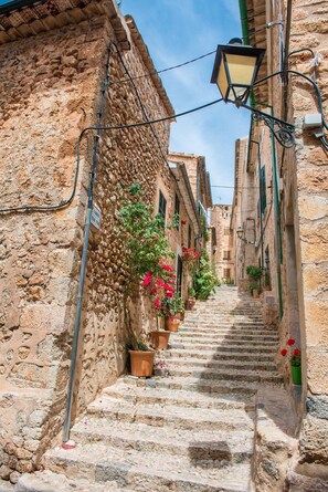 Un escalier étroit en pierre, situé dans une ville historique, bordé de bâtiments ornés de plantes en pot et éclairé par un lampadaire.