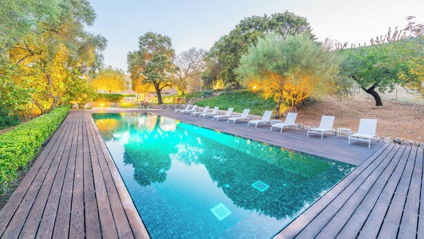 A wooden deck leading to a clear pool with lounge chairs and trees. - SON SIMÓ VELL - Villa with private pool in Alcúdia. (Alcúdia)