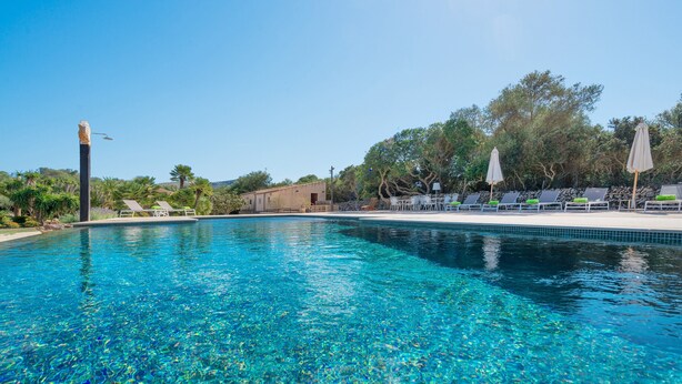 Ein klares, blaues Schwimmbecken mit Liegestühlen und Sonnenschirmen, umgeben von Bäumen und einer Steinmauer.