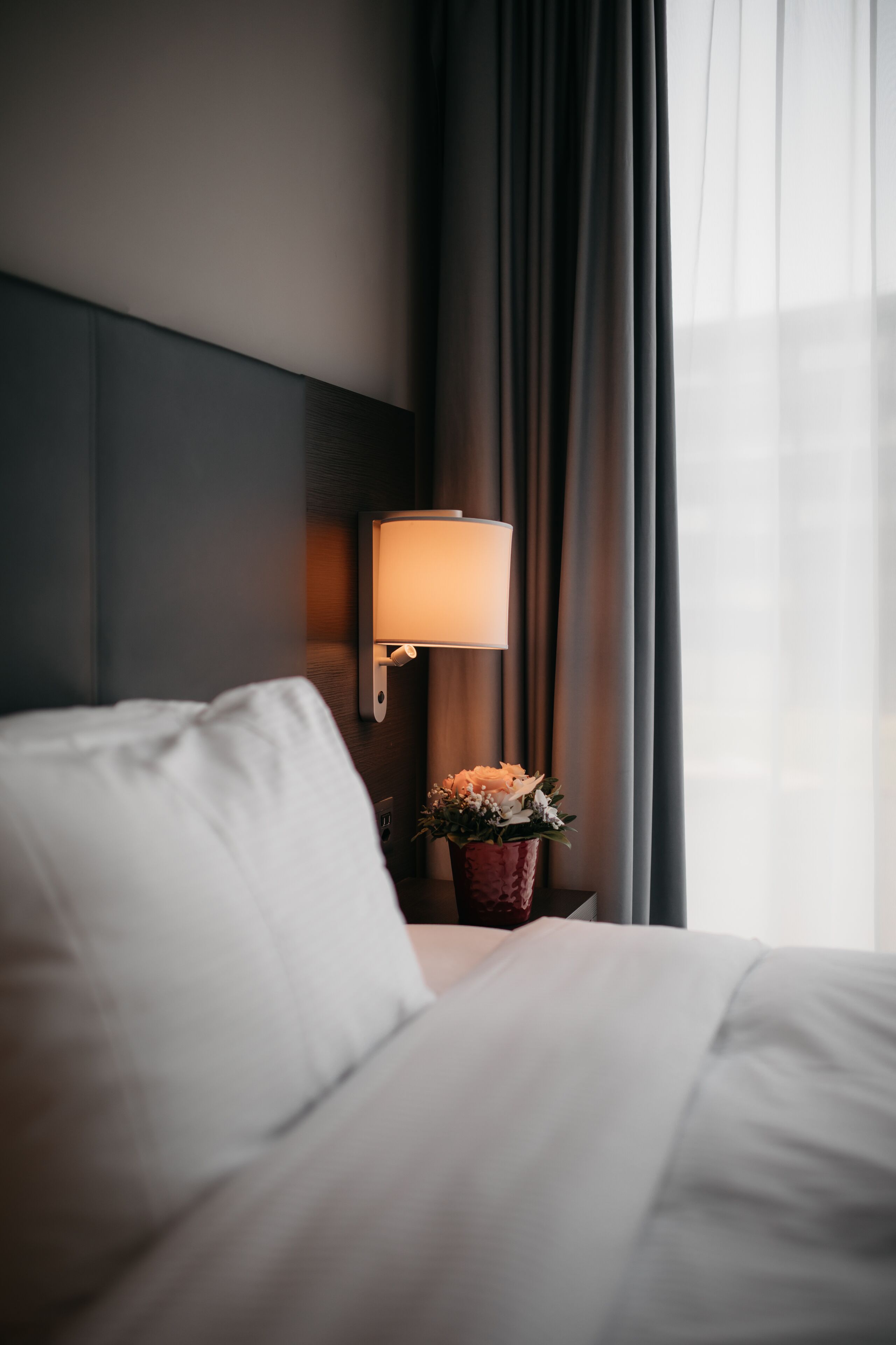 A hotel room with a neatly made bed, a wall-mounted lamp, and a potted plant on the nightstand.
