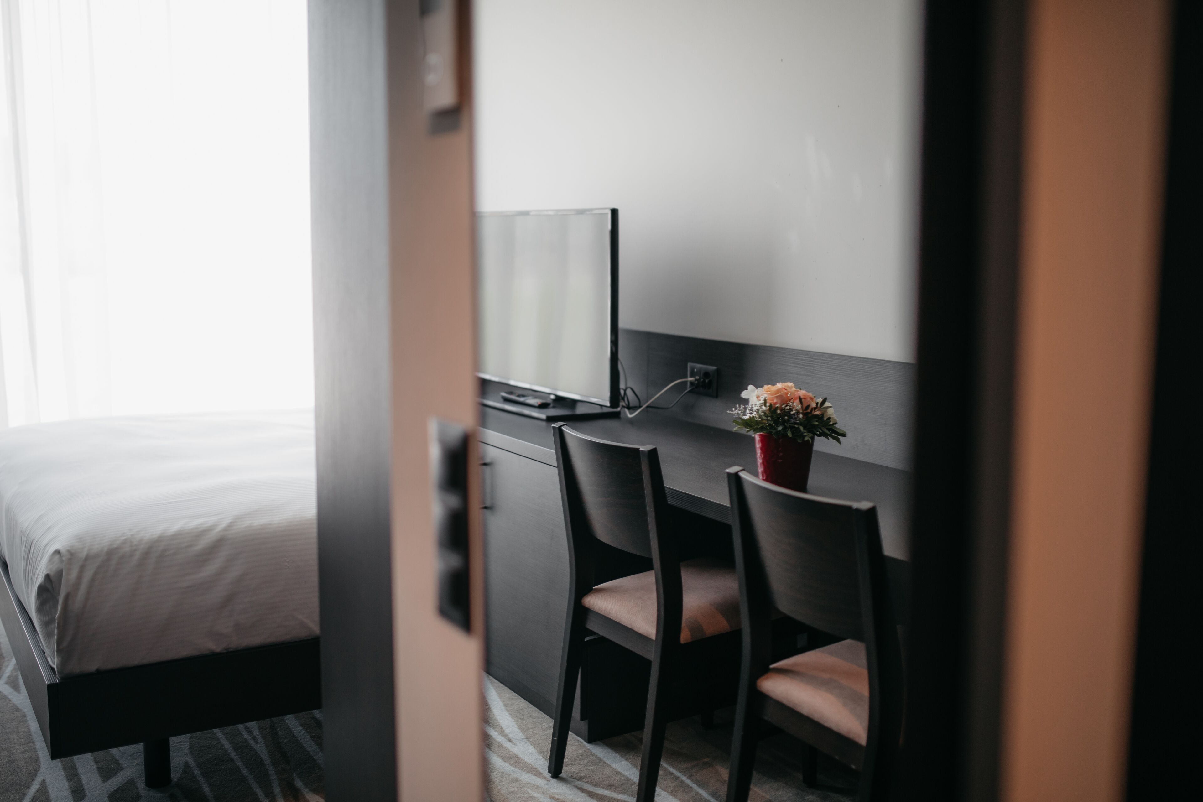A hotel room with a bed, a desk with a chair, a TV, and a small plant.
