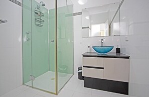 Shower, hair dryer, towels