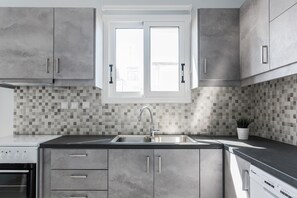 Departamento estándar | Cocina privada | Refrigerador, horno, parrilla de estufa y lavavajillas 