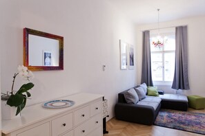 Smart TV, fireplace, books