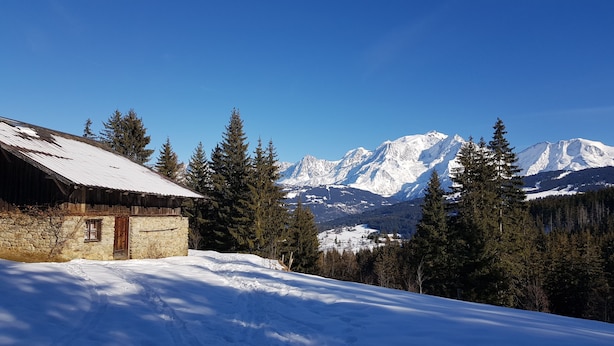 A rustic stone building with a snow-covered roof, surrounded by evergreen trees and a mountain range in the background. - Studio-cabin apartment (Combloux)