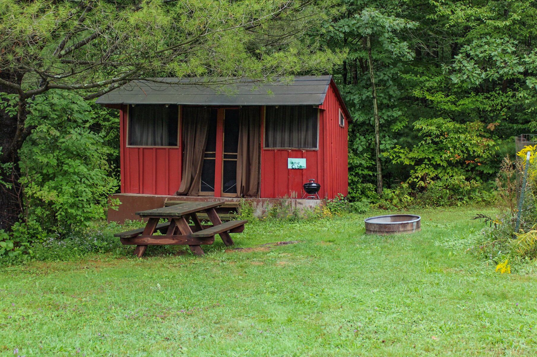 Une cabane rouge avec une table de pique-nique et un barbecue à l’extérieur.
