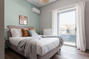 Desk, laptop workspace, blackout drapes, iron/ironing board - UPSTREET Teal Faliro House  (Palaio Faliro)