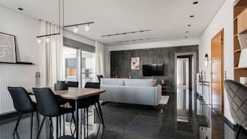 Departamento Deluxe | Área de sala de estar | Televisión de 43 pulgadas con canales digitales, chimenea y Netflix