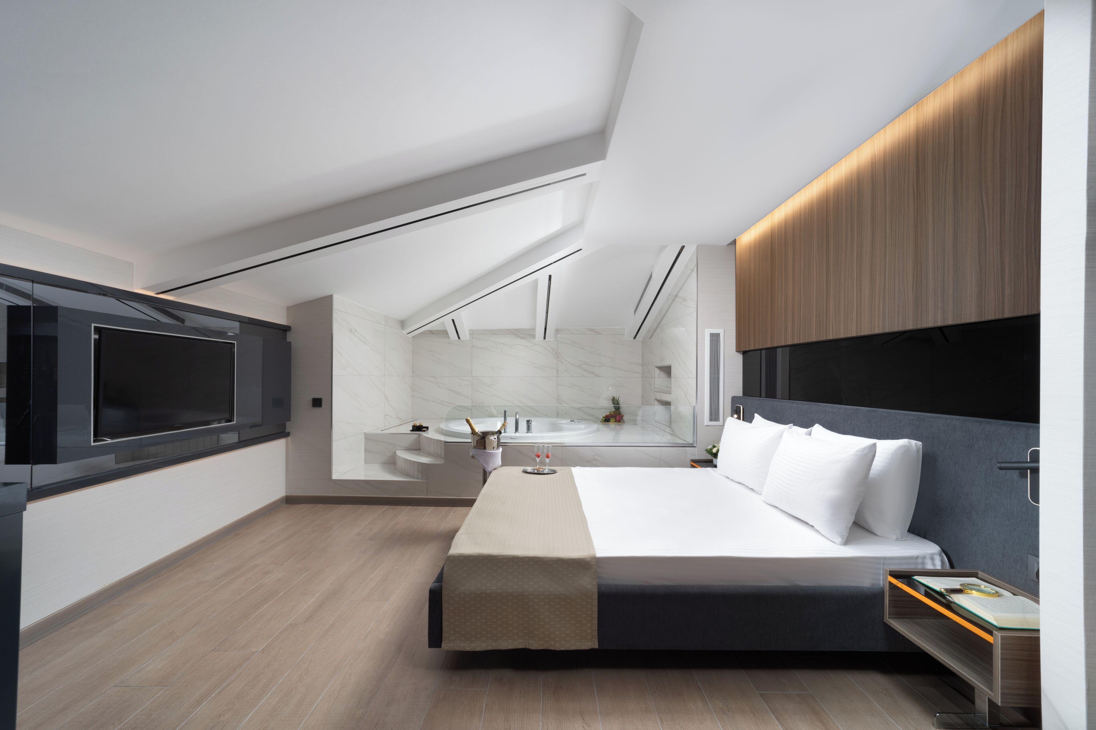 Une chambre moderne avec un grand lit, un téléviseur intégré, une petite salle de bain et une lucarne.