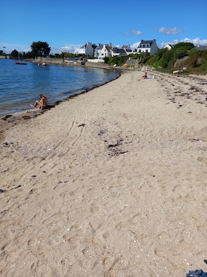 A sandy beach with houses in the background.