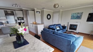 Ein zeitgemäßer Wohnraum mit Essbereich, Küche und einem blauen Sofa.