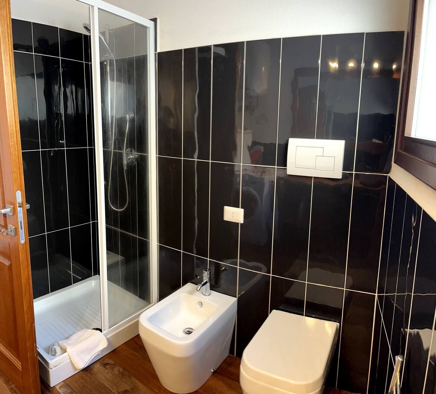 Hair dryer, bidet, towels, soap