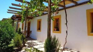 A white building with yellow window frames and a pergola with vines.