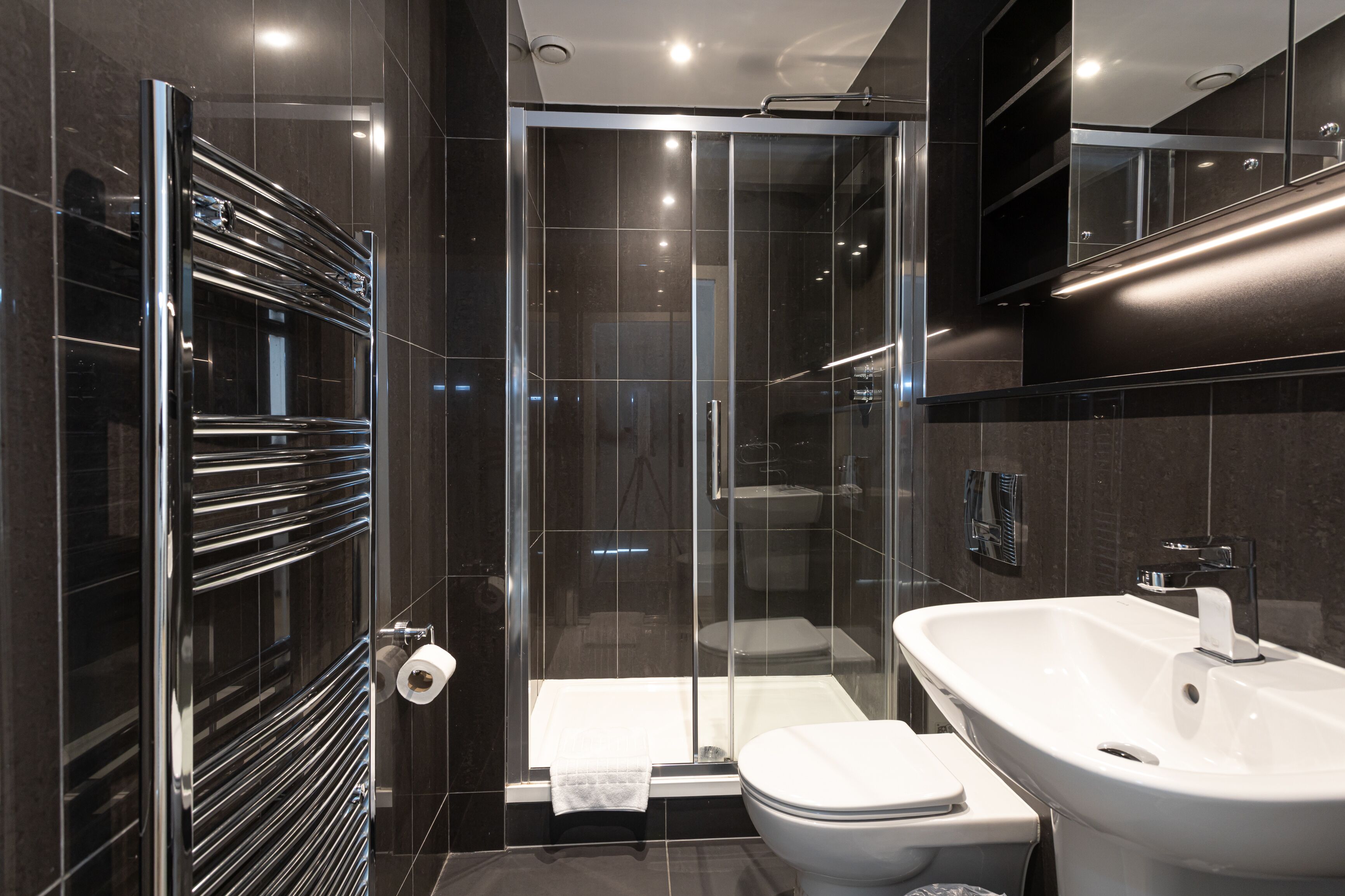 A modern bathroom with a glass shower enclosure, a white sink, and a toilet.
