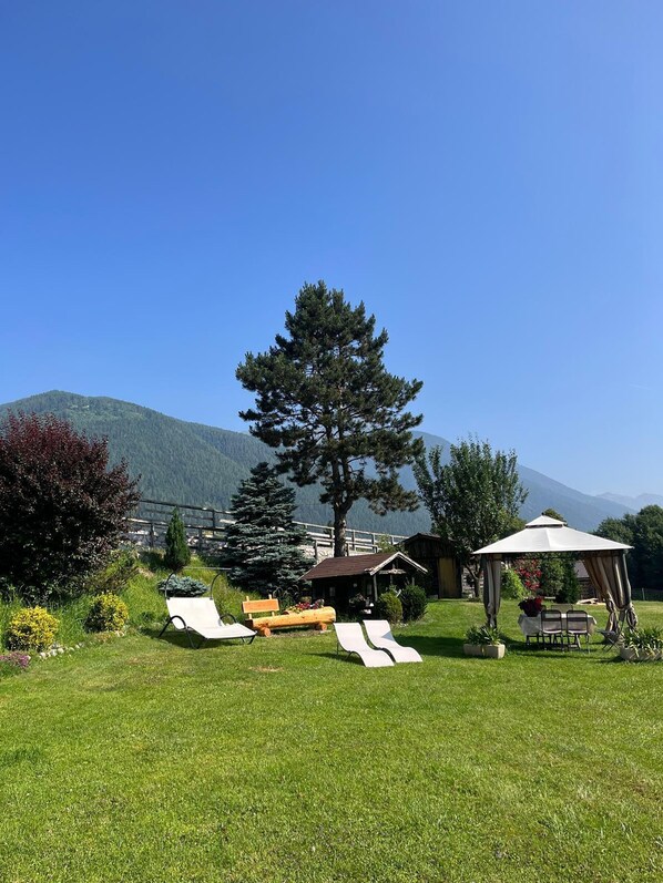 A grassy outdoor area with a gazebo, lounge chairs, and a wooden bench.