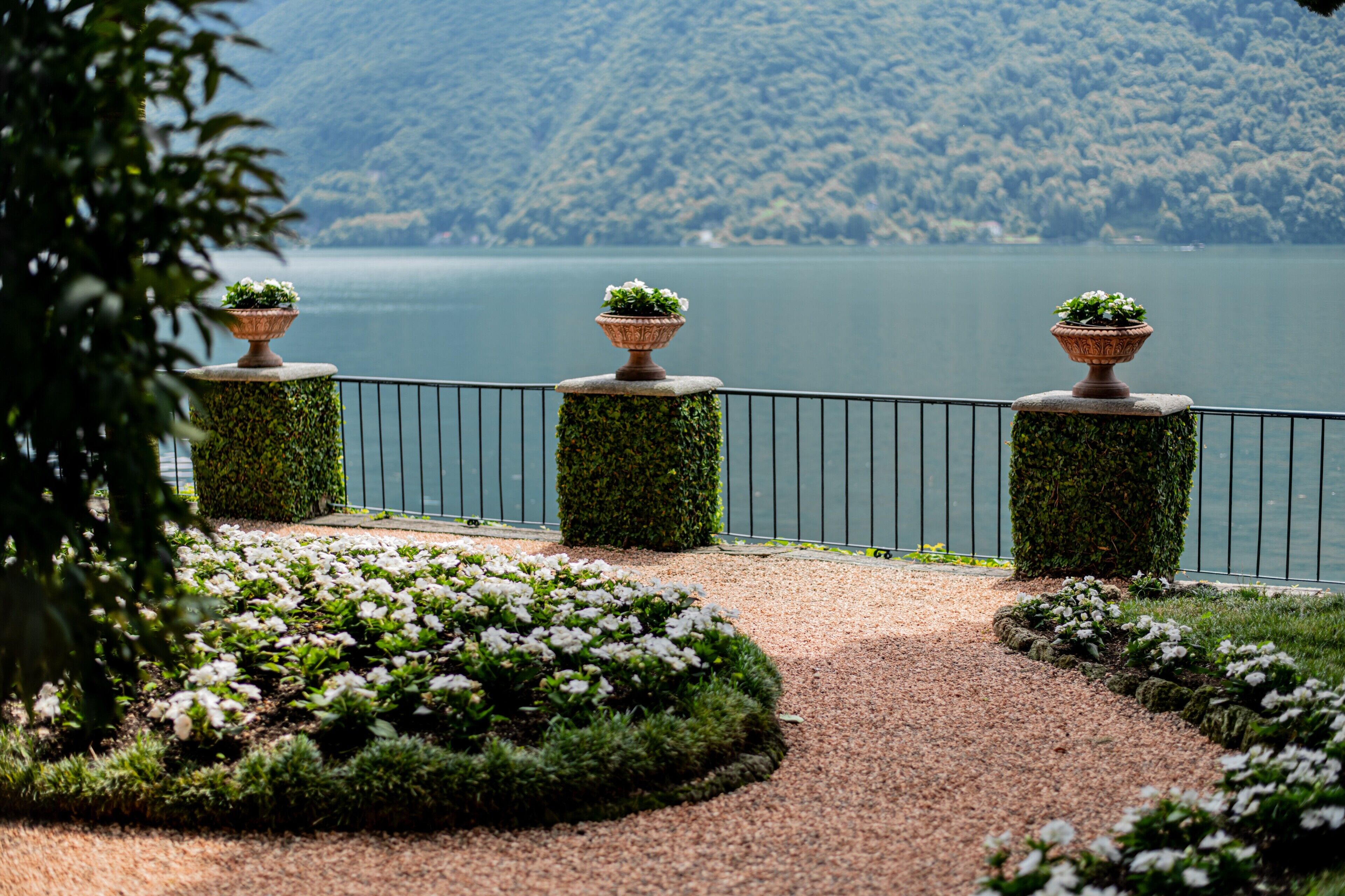 A landscaped garden with a gravel path, trimmed hedges, and planters with flowers.