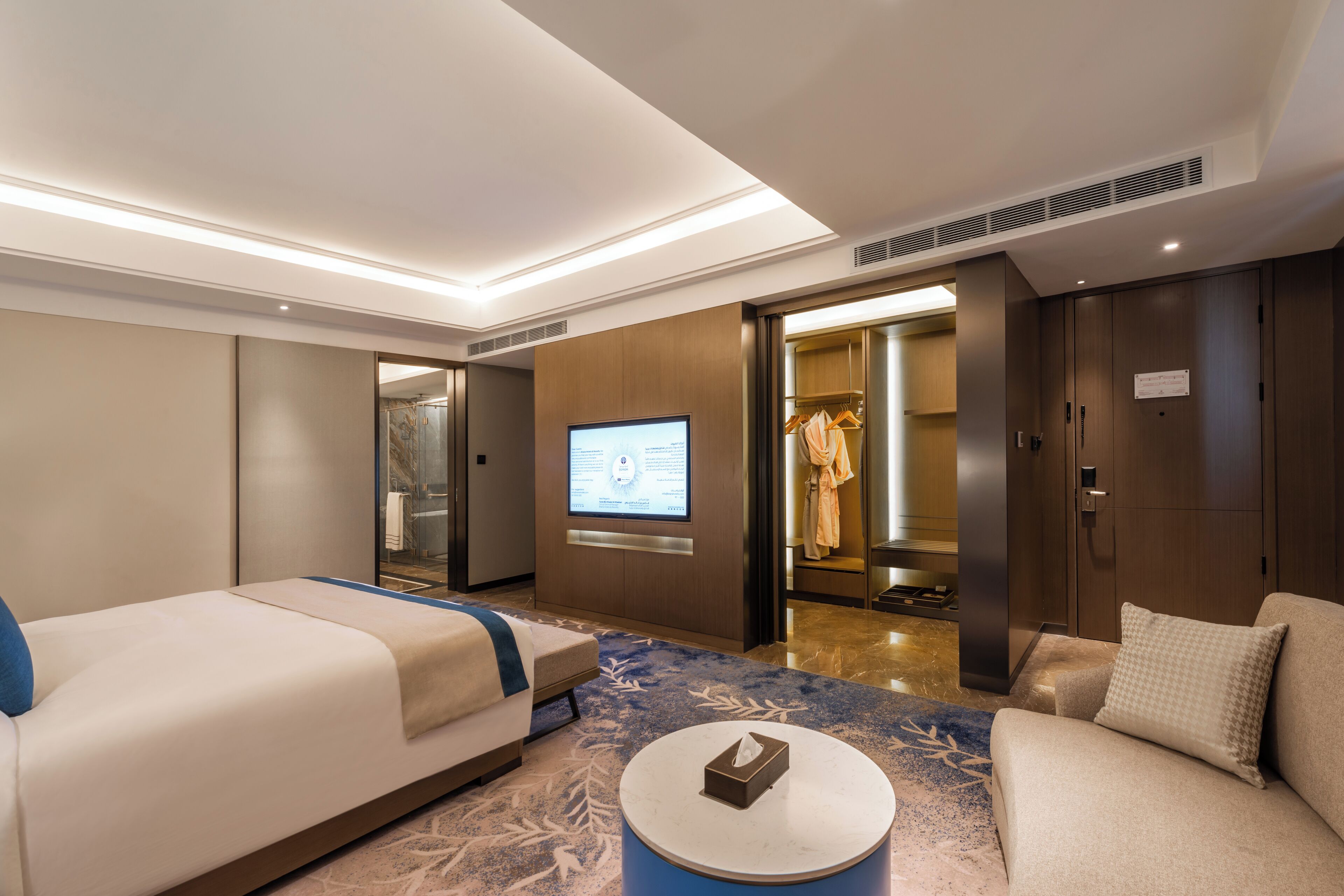 A hotel room with a bed, a sofa, a TV, and a wardrobe.
