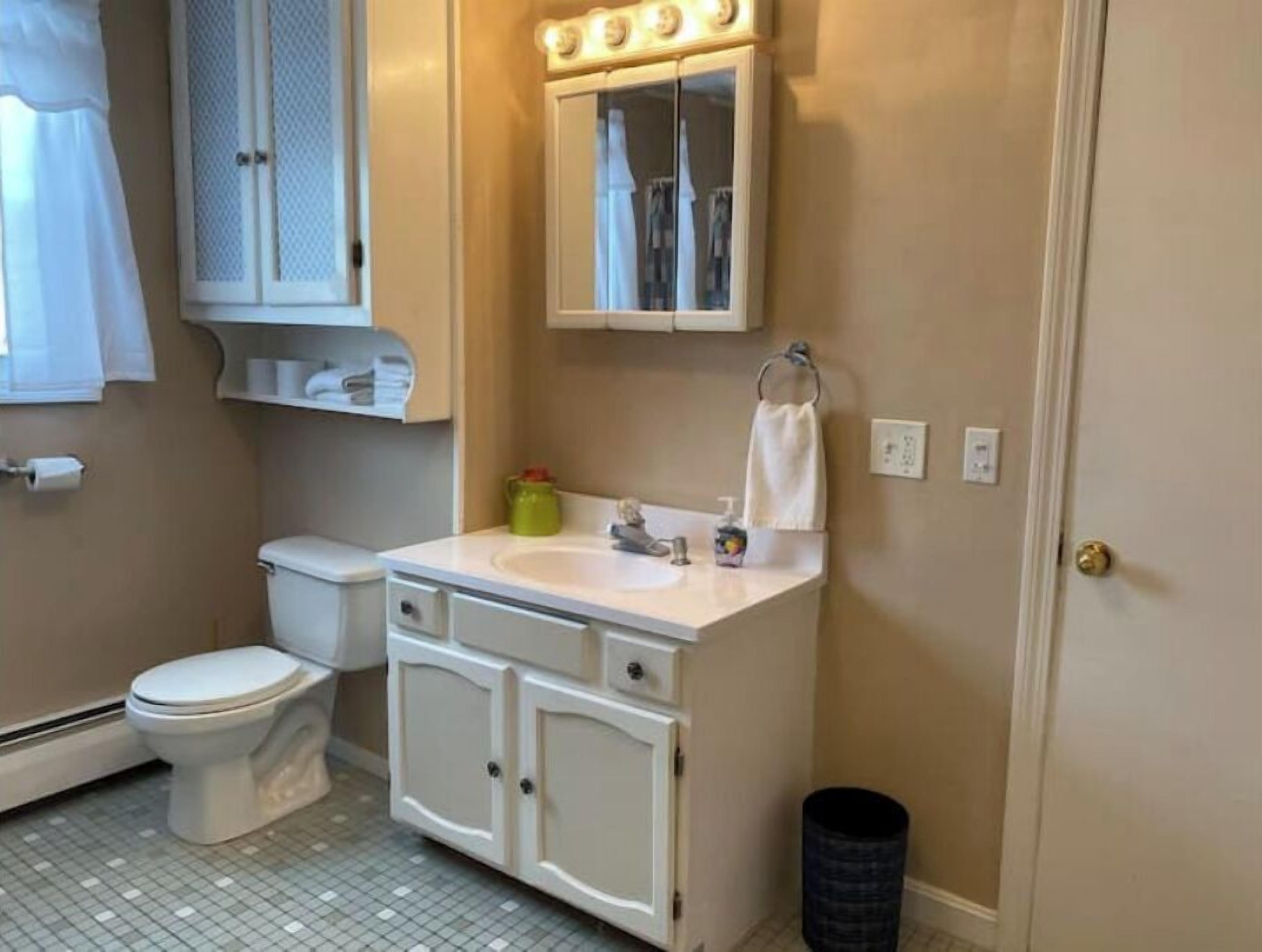 A bathroom with a toilet, sink, mirror, and cabinet.