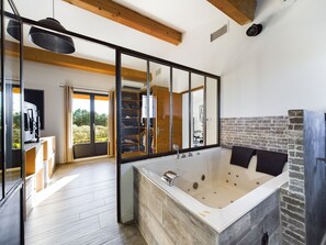 淋浴设施、按摩浴缸、吹风机、毛巾