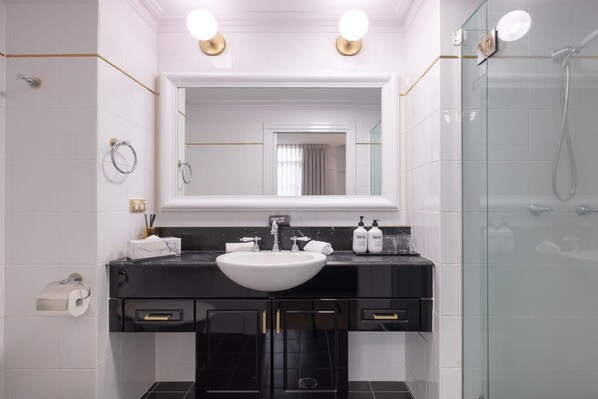 Shower, hair dryer, towels