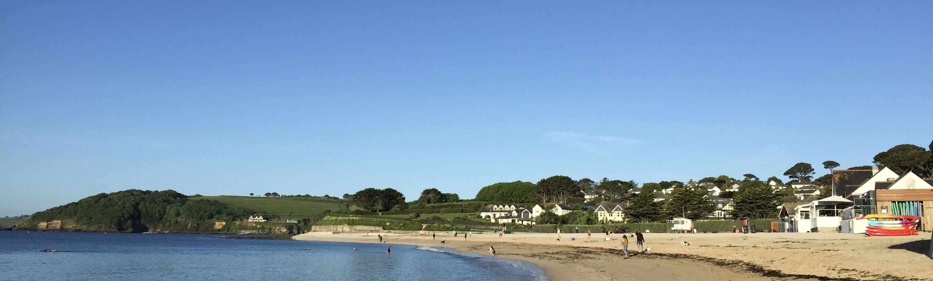 A beach with houses in the background and a clear sky.
