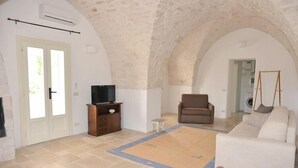 Un vaste salon doté d’un plafond en pierre, d’un canapé, d’un fauteuil, d’un téléviseur posé sur un meuble en bois, et d’un lave-linge à l’arrière-plan.