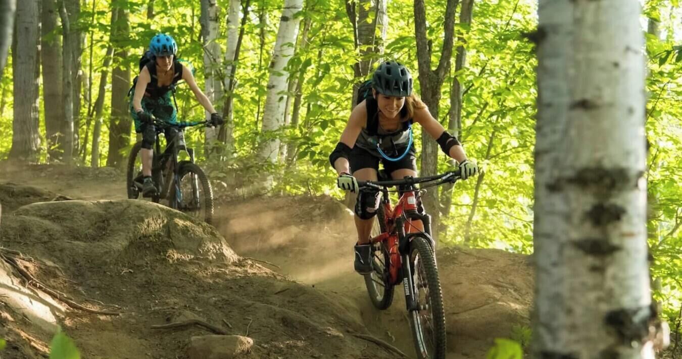Zwei Mountainbiker auf einem Feldweg, umgeben von Bäumen.