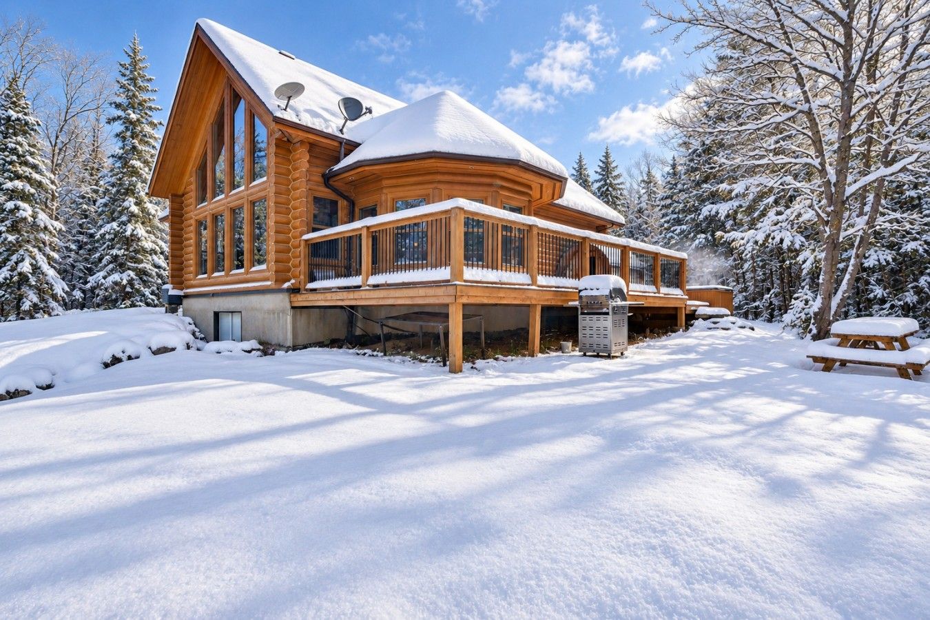 A log cabin with a large deck, surrounded by snow-covered trees.