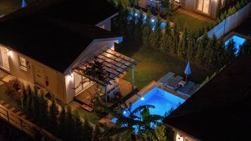 An aerial view of a residential property with a swimming pool, a covered patio, and a well-maintained garden.
