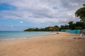 A beach with a sandy shore, a clear sky, and a small island in the distance.