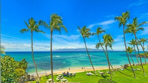 A beach with palm trees, clear blue water, and a grassy area with lounge chairs. - Oceanfront | Walk to Beach  | Hale Mahina B305 | (Lahaina)