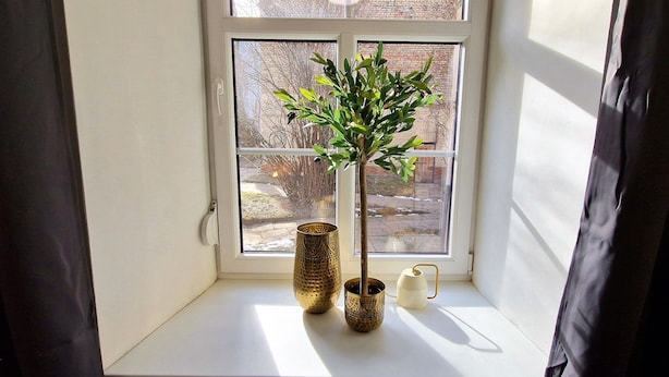 A window with a potted plant and two decorative vases on the windowsill.