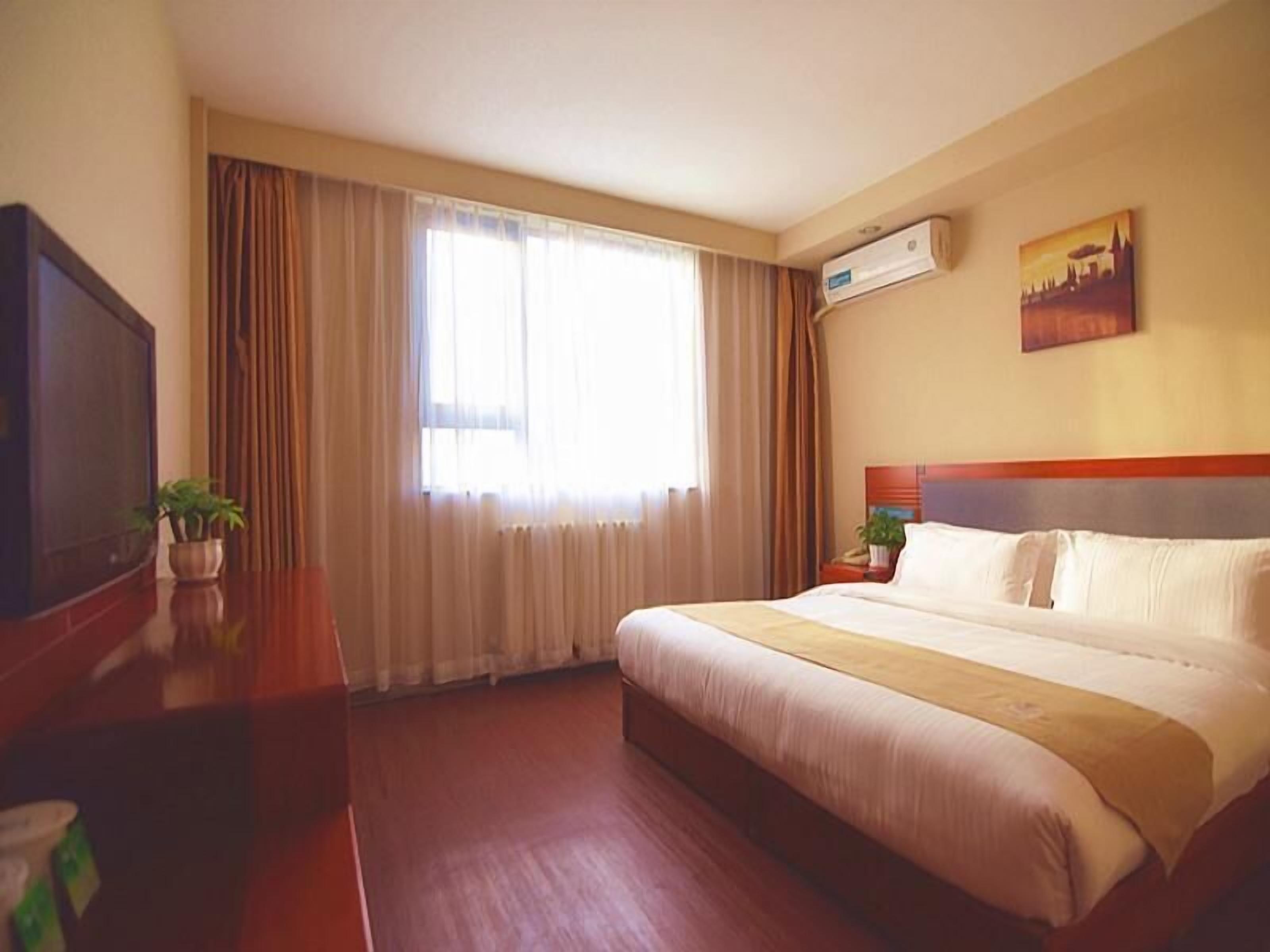 A hotel room with a large bed, a flat-screen TV, a potted plant, and a painting on the wall.