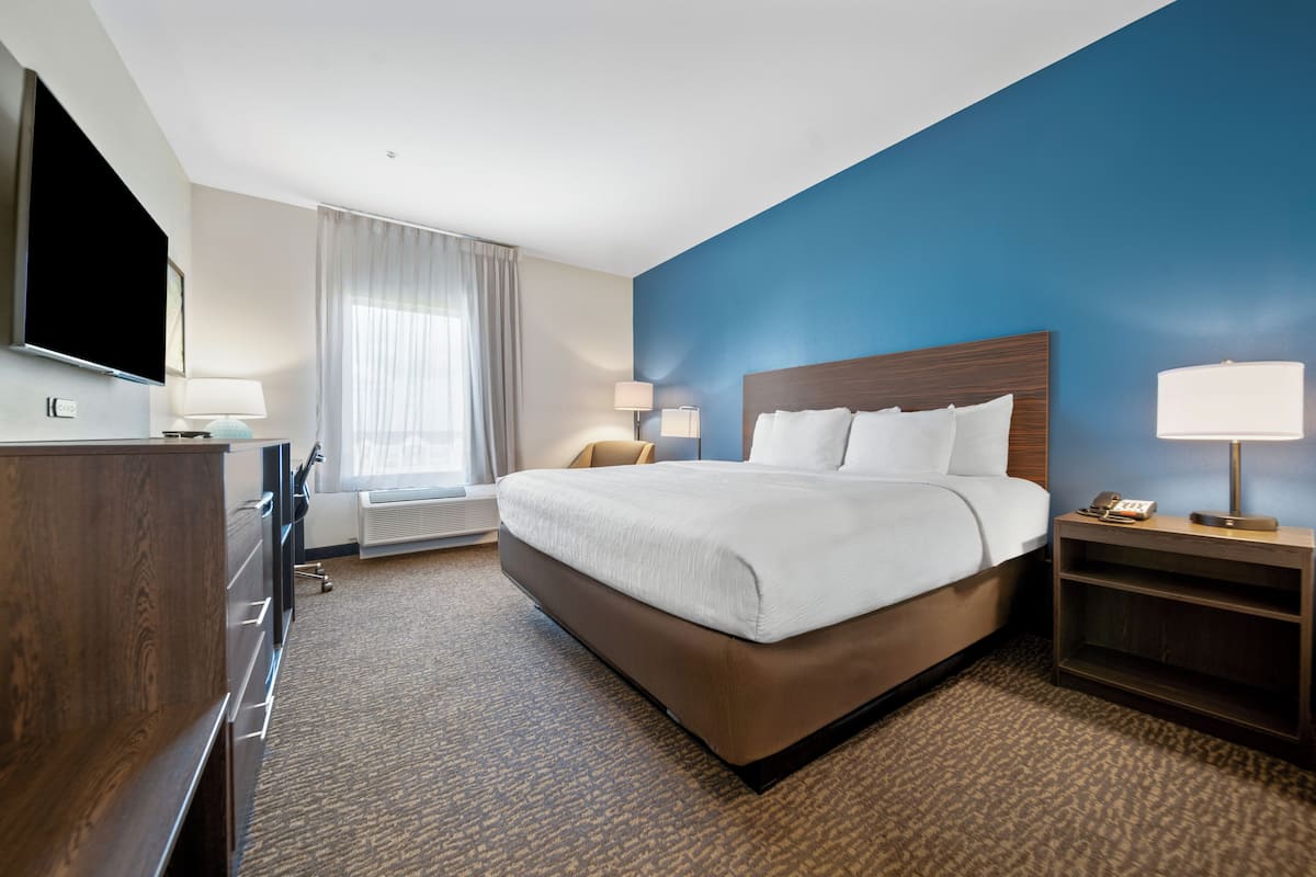 A hotel room with a large bed, a flat-screen TV, a desk with a chair, and a window with curtains.