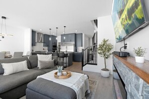 TV, fireplace, table football, ping pong