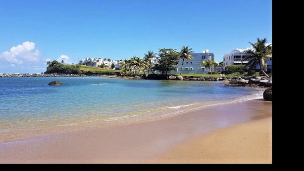 A beach with clear blue water, a sandy shore, and buildings with palm trees in the background. - Eco-Luxury Villa with Pool, Beach Access, and 24 hour I uninterrupted power (Dorado)