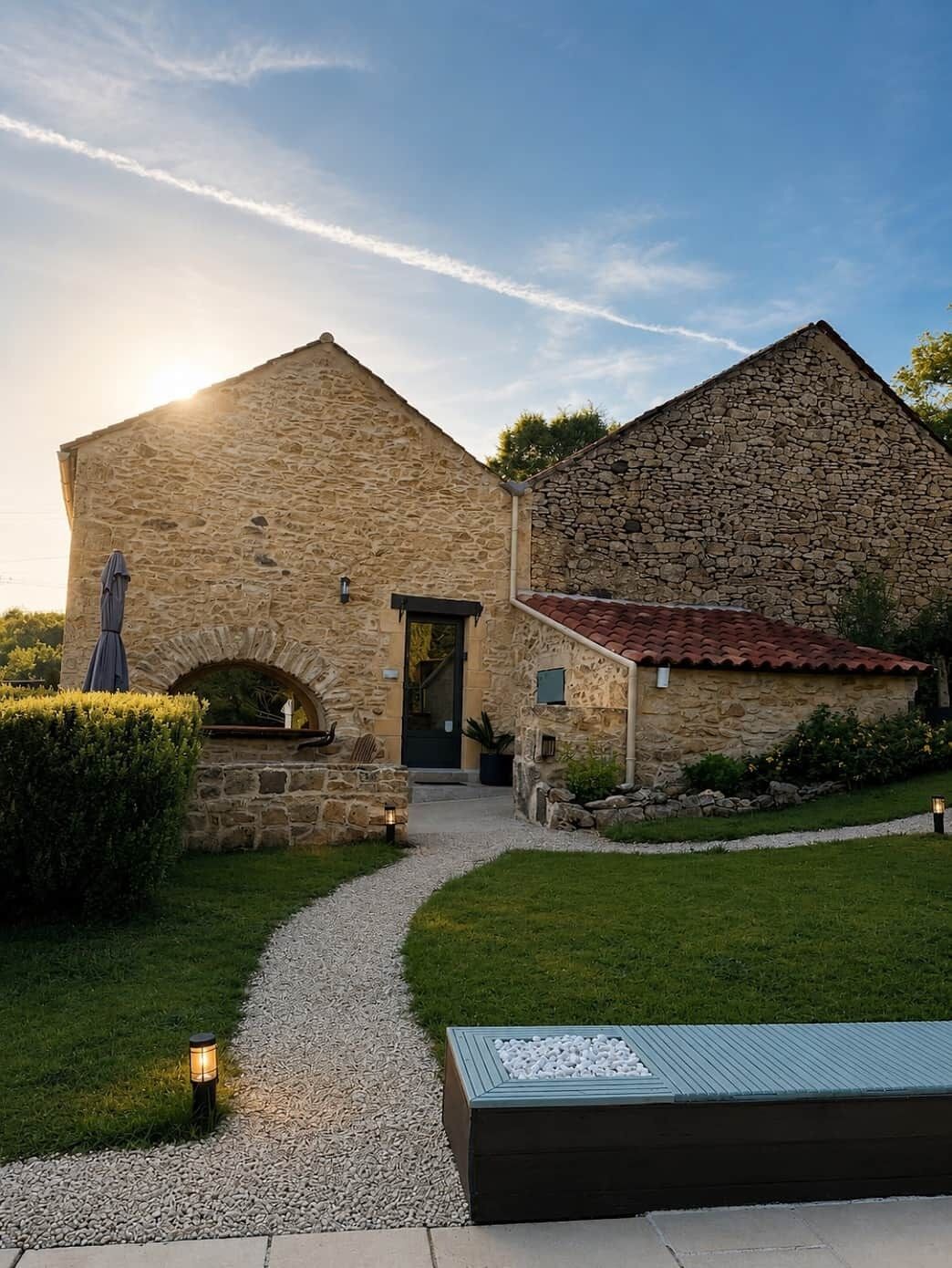 A stone building with a gravel path leading to the entrance, surrounded by a well-maintained lawn and a small garden area.