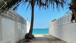 A concrete pathway leading to a beach, flanked by white walls and a palm tree. - Best Beach Location in Isla Verde, Beach Front Building! (Carolina)