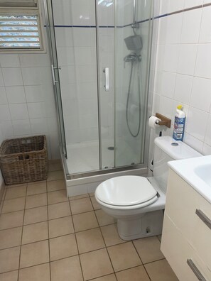 Shower, hair dryer, towels