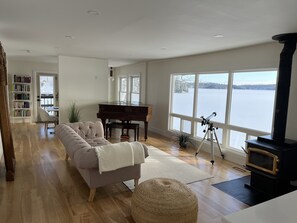 Smart TV, fireplace, DVD player, books