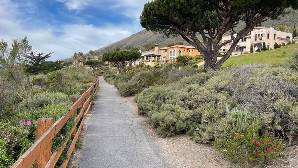 Camí pavimentat que condueix a una propietat a la vora d'una collada, amb arquitectura de tipus mediterrani, envoltada de vegetació autòctona i un arbre destacat.