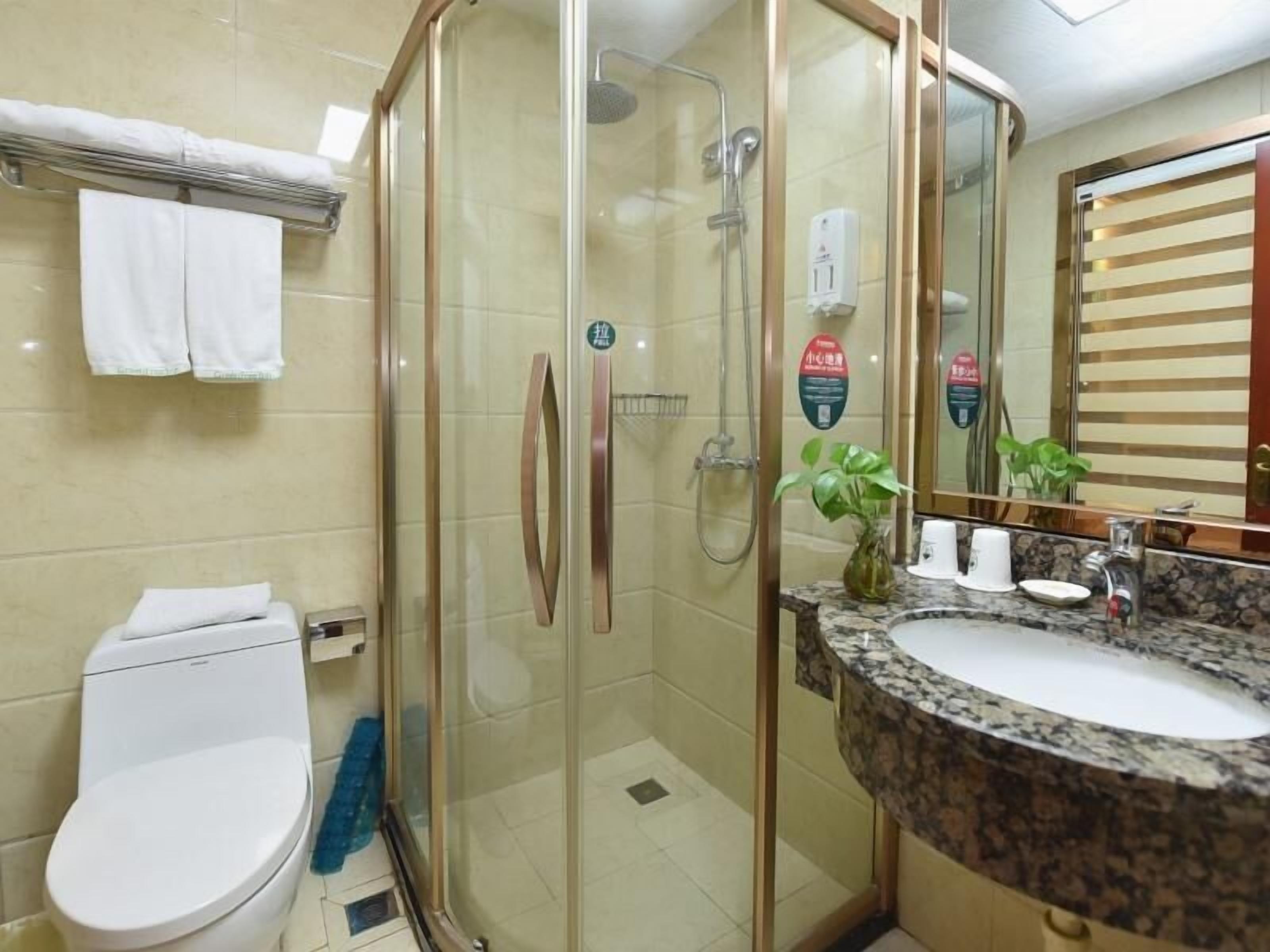 A modern bathroom with a glass-enclosed shower, a white toilet, a granite sink, and a mirror with a striped towel rack.