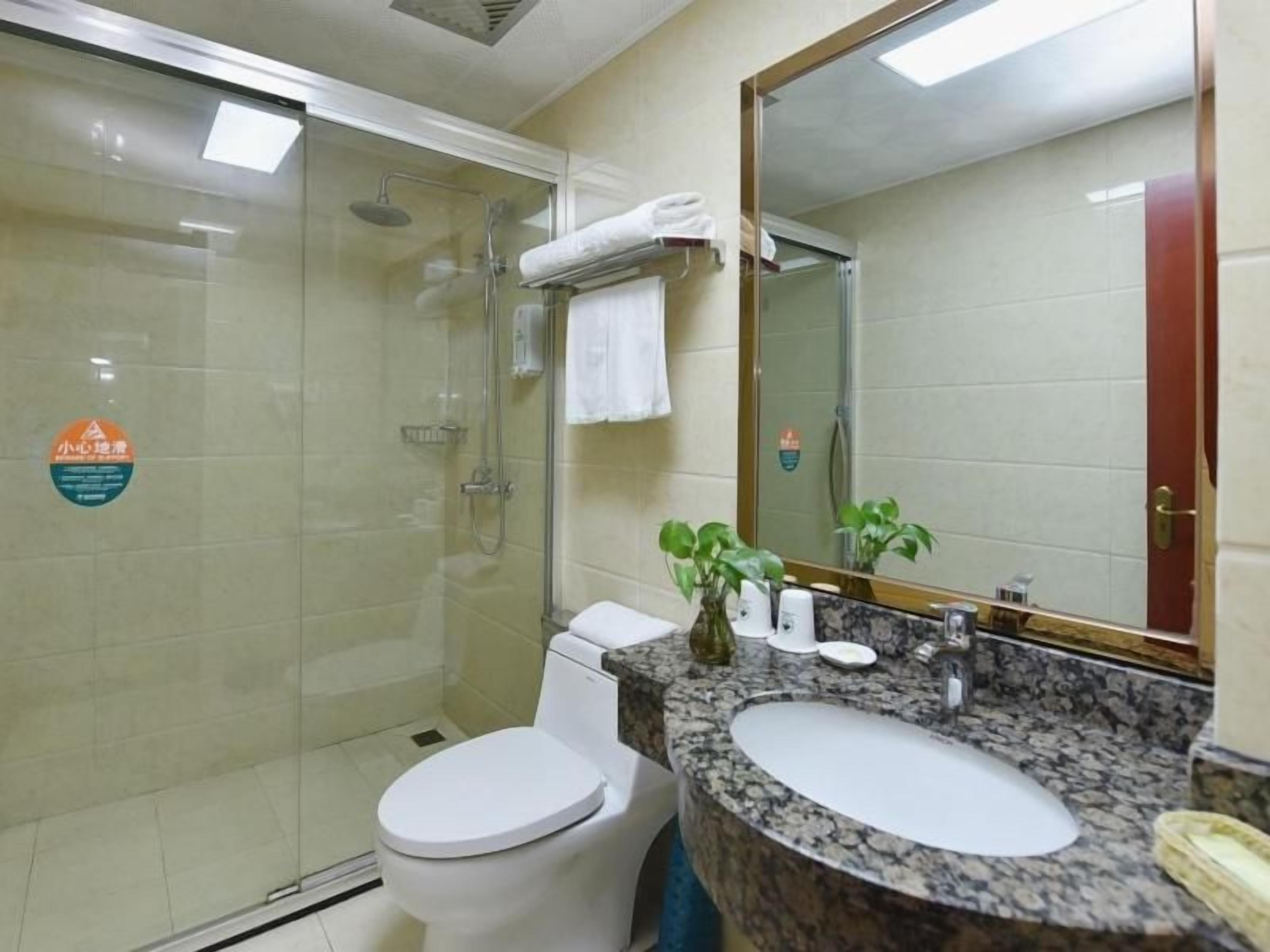 A bathroom with a glass-enclosed shower, a white toilet, a granite countertop with a sink, and a mirror.