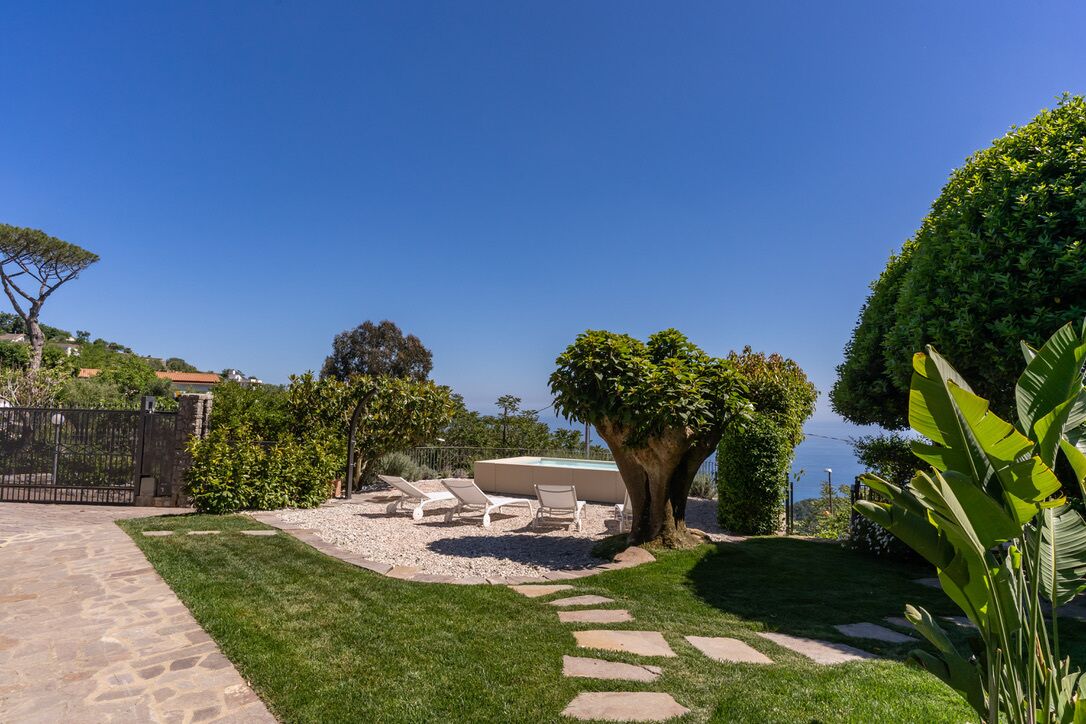 A well-maintained garden with a swimming pool, stone pathway, and lounge chairs.