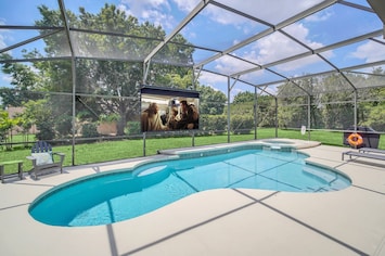 Enjoy The Sunshine In Our Heated South Facing Pool Watching Your Favorite Movie On Our 120" Poolside Theatre