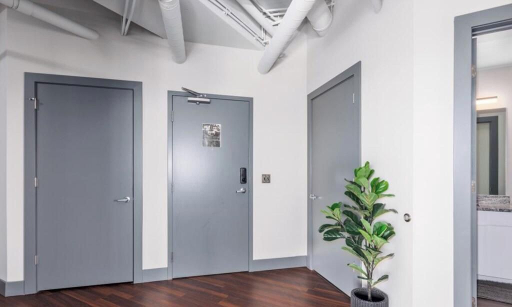 Un couloir avec trois portes grises, une plante en pot et des conduits apparents au plafond.