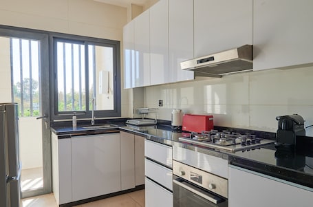 Elite Apartment | Private kitchen | Full-size fridge, microwave, oven, espresso maker