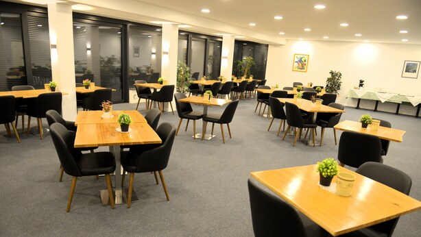 A conference room with multiple tables and chairs, equipped with potted plants and a projector screen. - Hotel zur Flüh, Self Check-in (Bad Saeckingen)