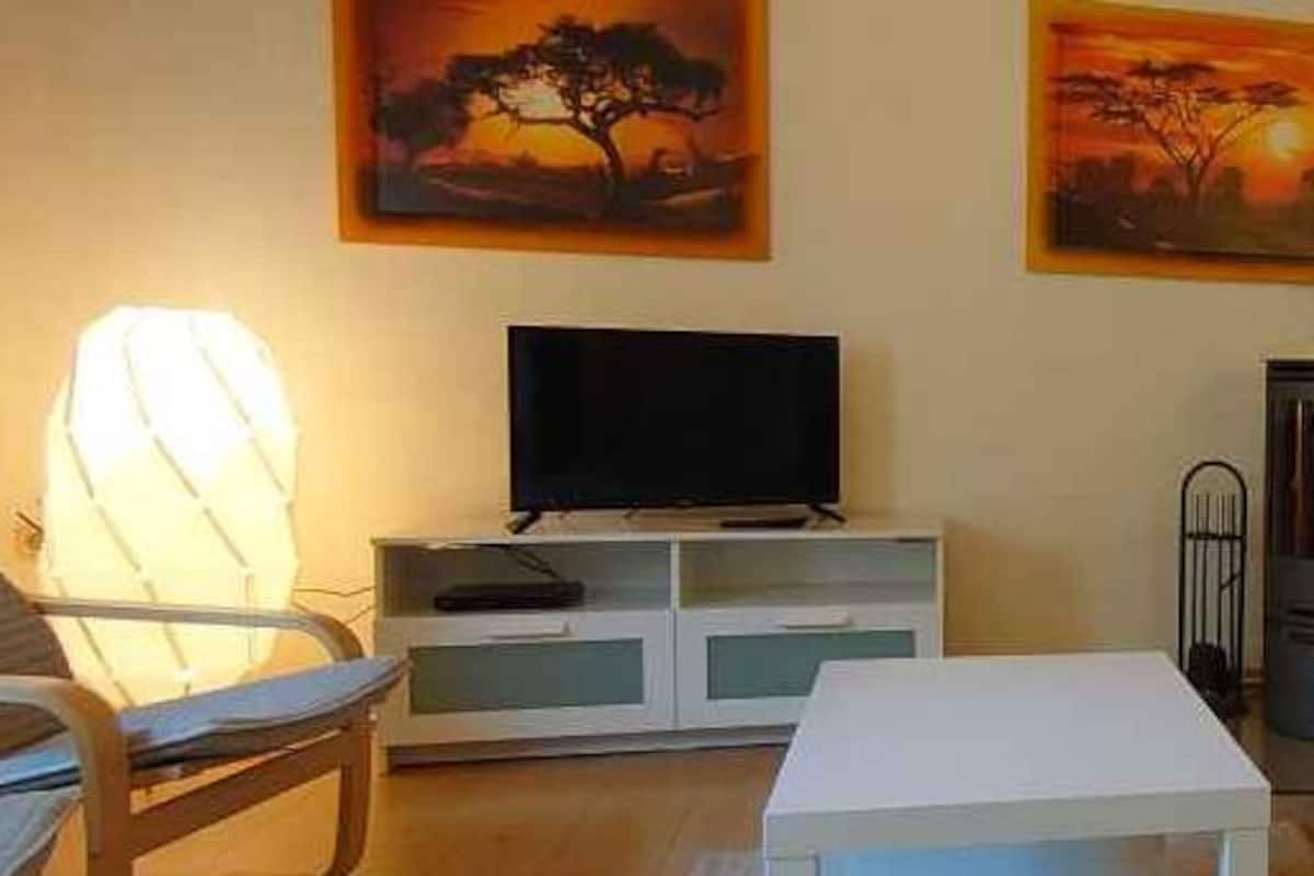 Ein Wohnzimmer mit grauem Sofa, einem Fernseher auf einem Schrank, einem Bücherregal und einer Lampe.