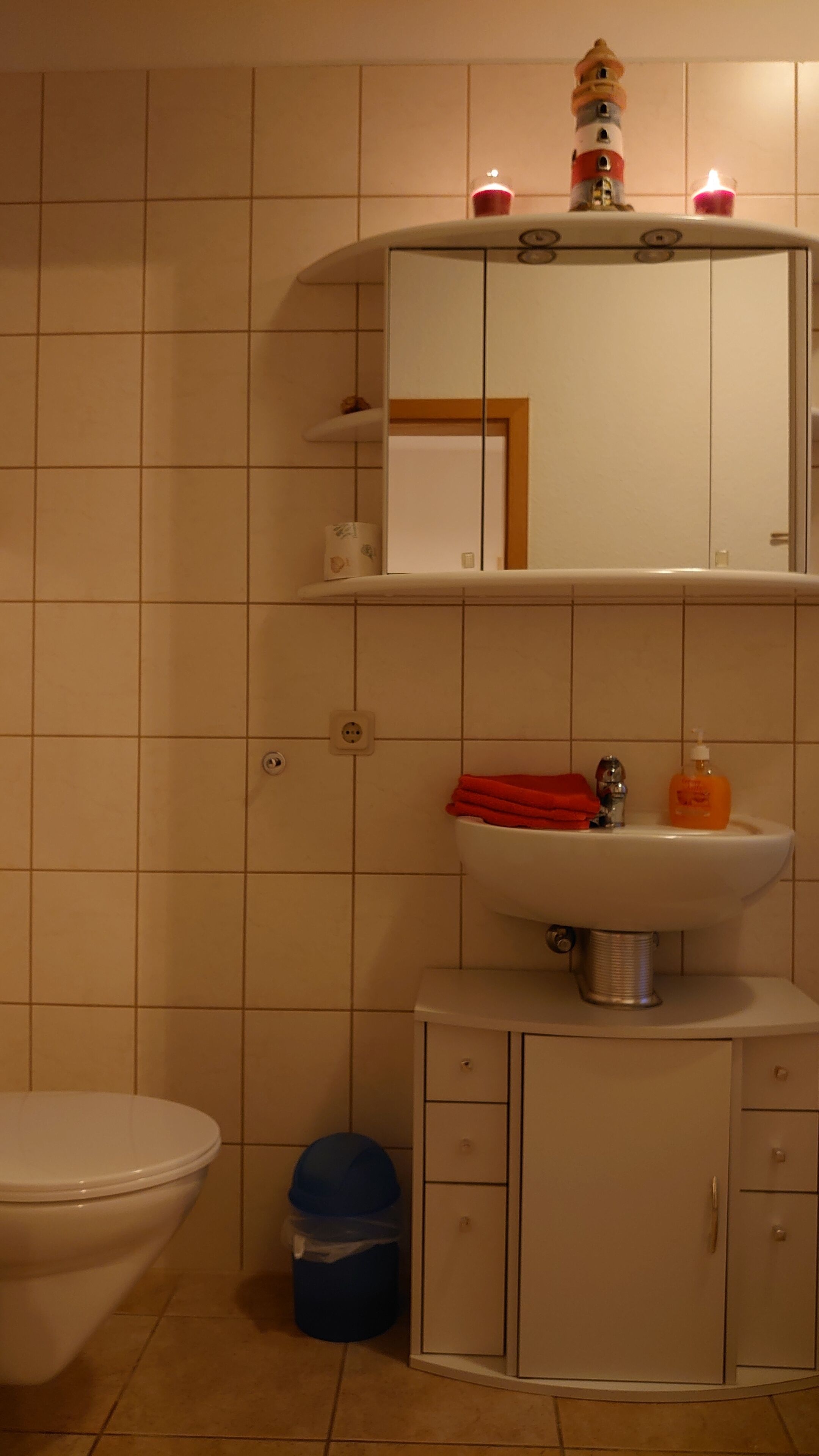 A bathroom with a toilet, a sink, a mirror, and a cabinet.